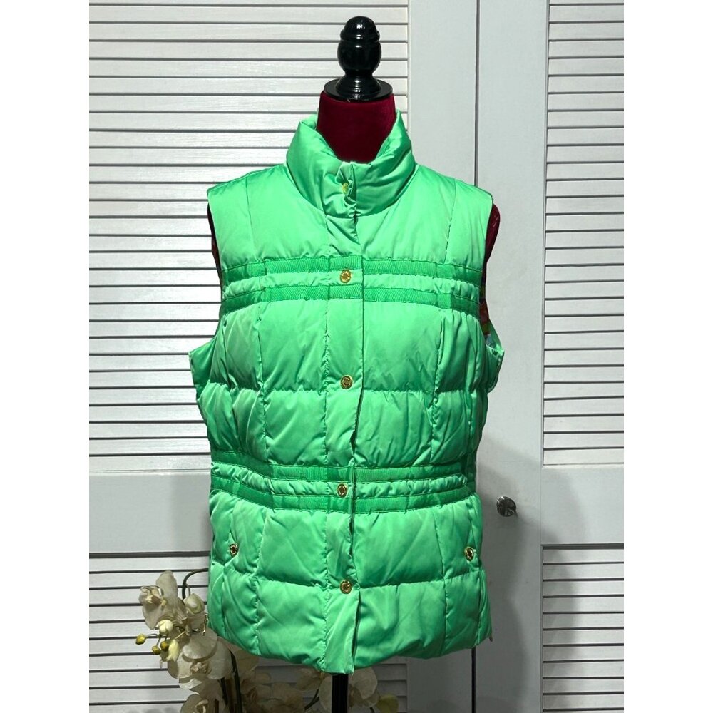 Lilly Pulitzer Kate Green Zip Snap Up Puffer Vest Preppy Gorpcore Size L 3046